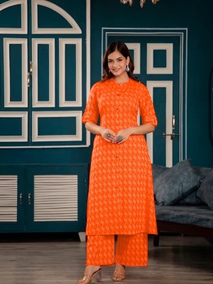 Orange Katha Cotton Indian Pakistani Co-Ord Set Readymade Aline Salwar Kameez Kurti with Ankle Length Palazzo Pant