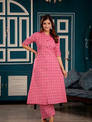 Pink Katha Cotton Indian Pakistani Co-Ord Set Readymade Aline Salwar Kameez Kurti with Ankle Length Palazzo Pant