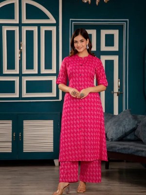 Rani Pink Katha Cotton Indian Pakistani Co-Ord Set Readymade Aline Salwar Kameez Kurti with Ankle Length Palazzo Pant