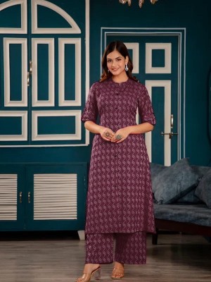 Wine Katha Cotton Indian Pakistani Co-Ord Set Readymade Aline Salwar Kameez Kurti with Ankle Length Palazzo Pant