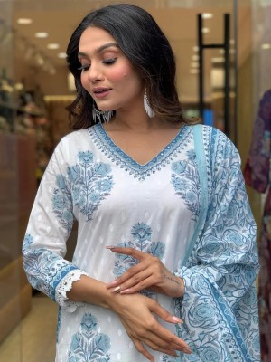 White Grey Cotton Hand Block Sanganeri Printed Straight Salwar Kameez Suit with Afghani Pant