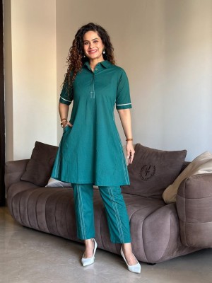 Blue Collared Cotton Indian Pakistani Co-Ord Set Readymade Matching Shalwar Kameez Kurti with Ankle Length Pant