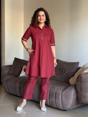 Maroon Collared Cotton Indian Pakistani Co-Ord Set Readymade Matching Shalwar Kameez Kurti with Ankle Length Pant