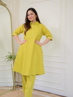 Yellow Collared Cotton Indian Pakistani Co-Ord Set Readymade Matching Shalwar Kameez Kurti with Ankle Length Pant