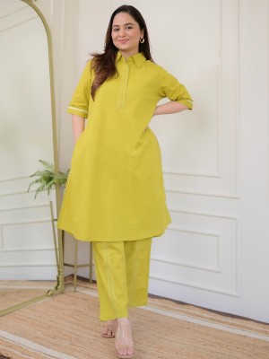 Yellow Collared Cotton Indian Pakistani Co-Ord Set Readymade Matching Shalwar Kameez Kurti with Ankle Length Pant