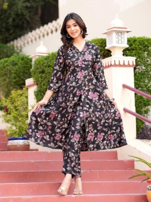 Black Floral Print Muslin Long Co ord Set Kurti Pant Pakistani Collared Front Slit Trending Salwar Kameez Set