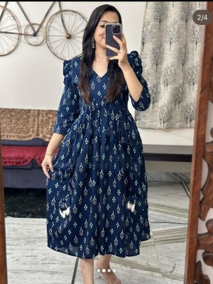 Indigo Blue Designer Alia Cut Cotton Middi Kurti Dress for Women
