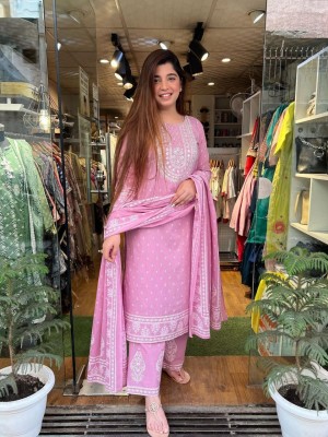 Pink Cotton Sequin Embroidered Printed Straight Salwar Kameez Suit Dress with Dupatta