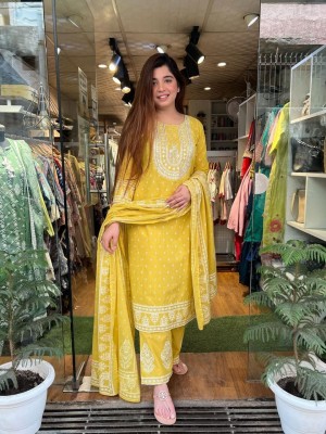 Yellow Cotton Sequin Embroidered Printed Straight Salwar Kameez Suit Dress with Dupatta