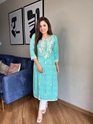 Blue Cotton Sequin Embroidered Printed Straight Salwar Kameez Suit Dress Kurti Pant Set