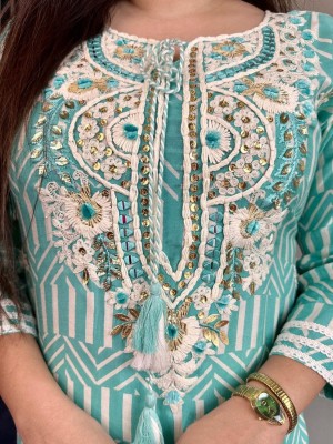 Blue Cotton Sequin Embroidered Printed Straight Salwar Kameez Suit Dress Kurti Pant Set