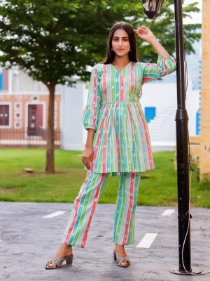 Multi color Cotton Muslin Short Kurti Pant Co Ord Set Angrakha Style Salwar Kameez Suit