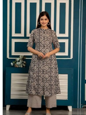 Black Cotton Elegant Daily Wear Printed Kurti Pant Salwar Kameez Suit Set
