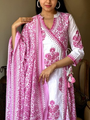 Pink White Block Printed Cotton Traditional Angrakha Style Straight Salwar Kameez Suit with Dupatta