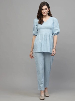Turquoise Blue Cotton V-Neck Co Ord Set Salwar Kameez Suit Short Kurti Pant Combo
