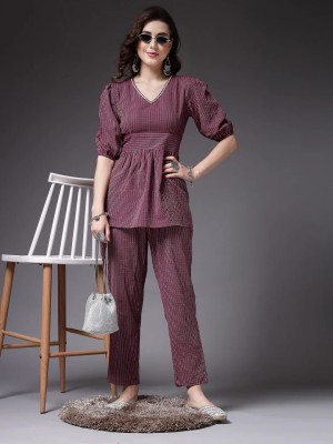 Maroon Cotton V-Neck Co Ord Set Salwar Kameez Suit Short Kurti Pant Combo