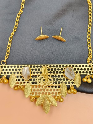 Golden Snake Embossed Long Necklace with Earring with Mother of Pearl Chain Necklace for Girls