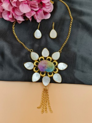 Golden Flower Shape Long Necklace with Earring Chain Necklace Indo Western Jewellery for Girls