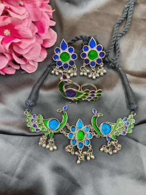 Peacock Choker Necklace Earring Ring Combo Set Indian Ethnic Oxidized Brass Jewelry