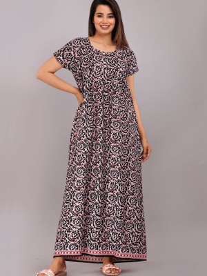 Abstract Print Nighty Gown Cotton Night Dress Casual Wear Printed Kurti Gown with Two Button