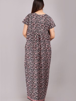 Abstract Print Nighty Gown Cotton Night Dress Casual Wear Printed Kurti Gown with Two Button