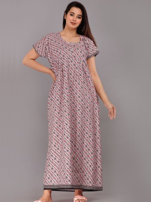 Paisley Flower Print Nighty Gown Cotton Night Dress Casual Comfortable Wear Printed Kurti Gown with Two Button