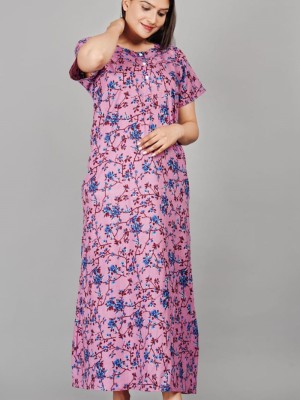 Floral Printed Casual Daily Wear Nighty Gown Cotton Night Dress Kurti Gown with Three Button