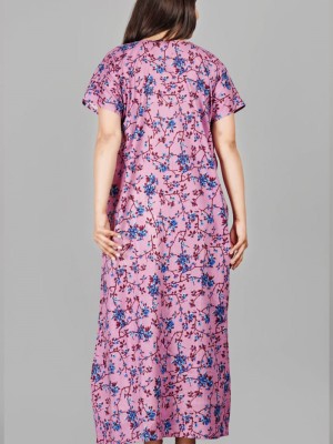 Floral Printed Casual Daily Wear Nighty Gown Cotton Night Dress Kurti Gown with Three Button