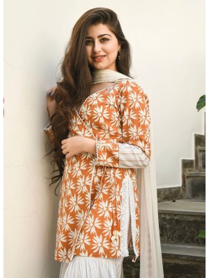 Floral Print Cotton Angrakha Style Kurti Pant Dupatta White Orange Sharara Salwar Kameez Suit Set