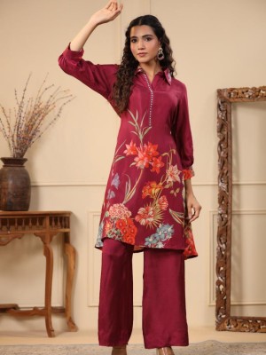 Iqra Maroon Floral Print Straight Kurti Palazzo Set Co Ord Set Collar Muslin Salwar Kameez Suit Set