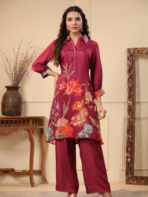 Iqra Maroon Floral Print Straight Kurti Palazzo Set Co Ord Set Collar Muslin Salwar Kameez Suit Set