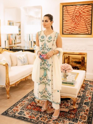 Amayra Ivory Sleeveless Georgette Kurti Pant Dupatta Set Embroidered Salwar Suit Festival Wear Dress