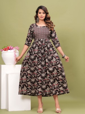 Cotton Floral Printed Maternity Gown Nightgown for Women Feeding Anarkali Kurti with Zip