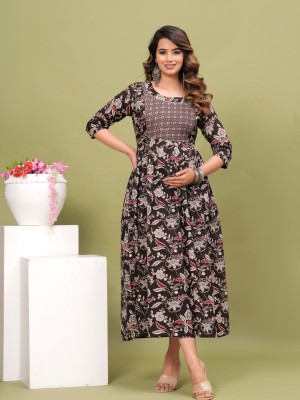 Cotton Floral Printed Maternity Gown Nightgown for Women Feeding Anarkali Kurti with Zip