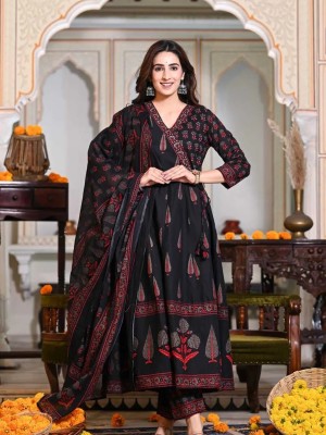 Dilnaz Black Cotton Floral Block Print Angrakha Style Anarkali Kurti Pant Dupatta Set Embroidered Salwar Kameez