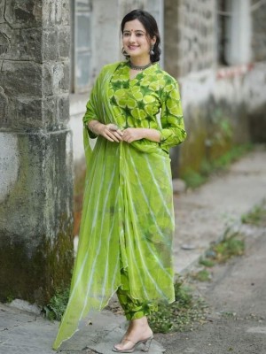 Rhea Green Cotton Straight Style V Neck Kurti Afghani Pant Lehariya Dupatta Salwar Suit