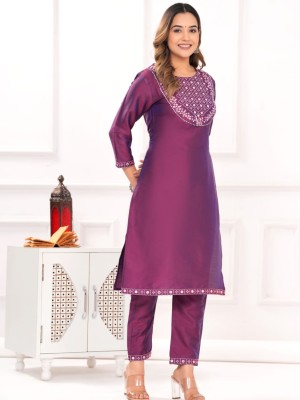 Adah Wine Color Straight Kurti Pant Set Muslin Embroidered Salwar Suit Set