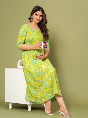 Green Cotton Floral Printed Maternity Gown Pregnancy Dress For Baby Feeding with Zip
