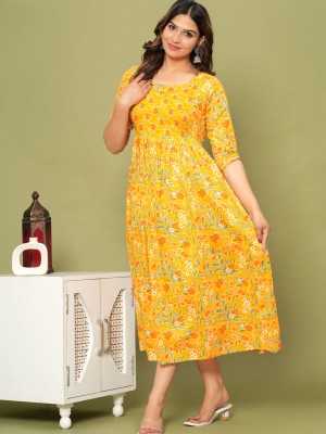 Yellow Multicolored Cotton Floral Printed Casual Maxi Maternity Gown For Baby Shower with Zip