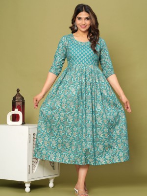 Light Blue Cotton Jaipur Kurti Floral Printed Maternity Gown For Breastfeeding with Zip