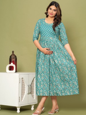 Light Blue Cotton Jaipur Kurti Floral Printed Maternity Gown For Breastfeeding with Zip