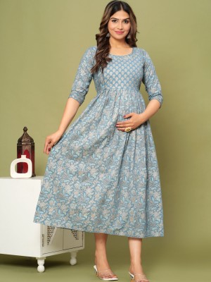 Gray Pure Cotton Printed Maternity Gown Feeding Dress Maternity Kurti Gown for Woman with Concealed Zip