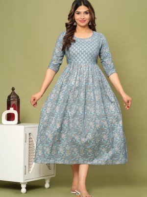 Gray Pure Cotton Printed Maternity Gown Feeding Dress Maternity Kurti Gown for Woman with Concealed Zip