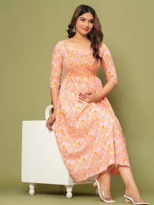 Peach Color Printed Soft Cotton Maternity Gown for Women Baby Feeding Anarkali Kurti with Discreet Zip
