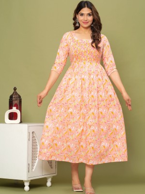 Peach Color Printed Soft Cotton Maternity Gown for Women Baby Feeding Anarkali Kurti with Discreet Zip