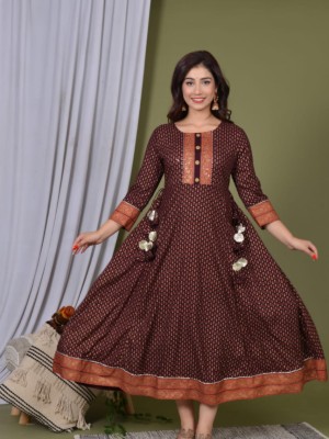 Wine Indian Pakistani Ethnic Anarkali Kurti Designer Gown Tunic Rayon Flared Dress