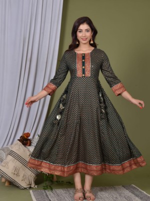 Green Indian Pakistani Ethnic Anarkali Kurti Designer Gown Tunic Rayon Flared Dress