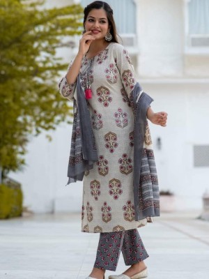 Zoya Grey Cotton Straight Kurti Pant Dupatta Readymade Salwar Kameez Suit