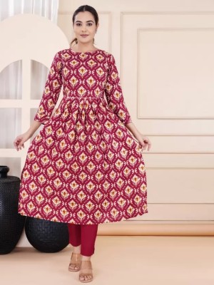 Maroon Printed Nayra Cut Kurta Shalwar Kameez Suit Rayon Kurti Pant Set