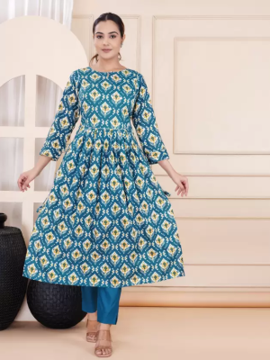 Blue Printed Nayra Cut Kurta Shalwar Kameez Suit Rayon Kurti Pant Set